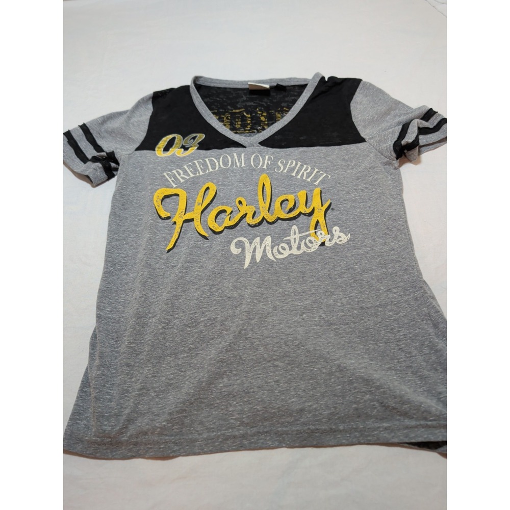 Harley-Davidson Women's V-Neck T-Shirt Gray Black Gold Freedom of Spirit Size L